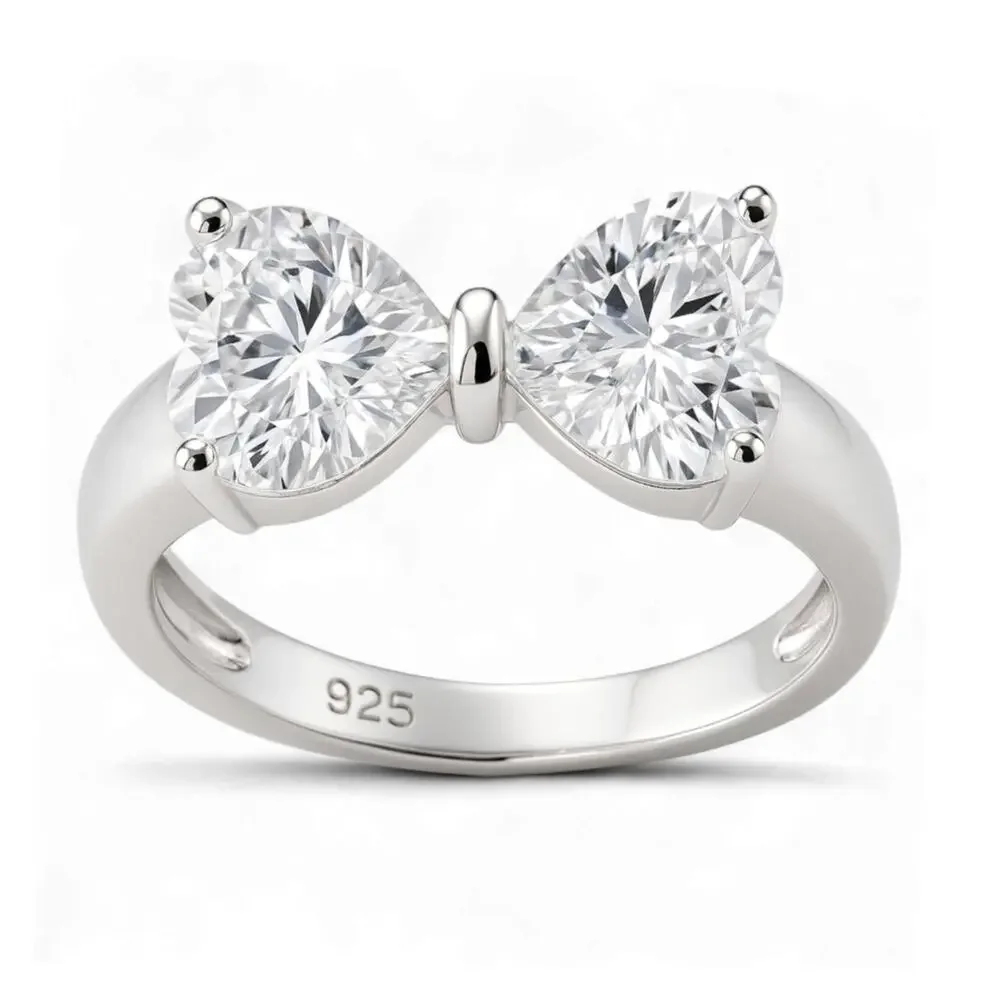 NWT Fashion Women's 925 Sterling Silver Clear Cubic Zirconia Bow Heart Cut Ring
